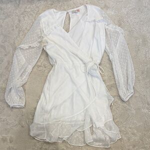 Gianni Bini White Wrap Long Sleeve Swiss Dot Mini Dress